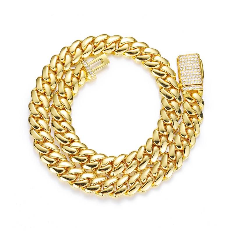 Men's Jewelry Hip Hop New Style 5 Sizes And Widths Real Gold Electroplated Copper Large Cuban Chain Inlaid With Zircon Buckle Necklace_ipsvogv.com