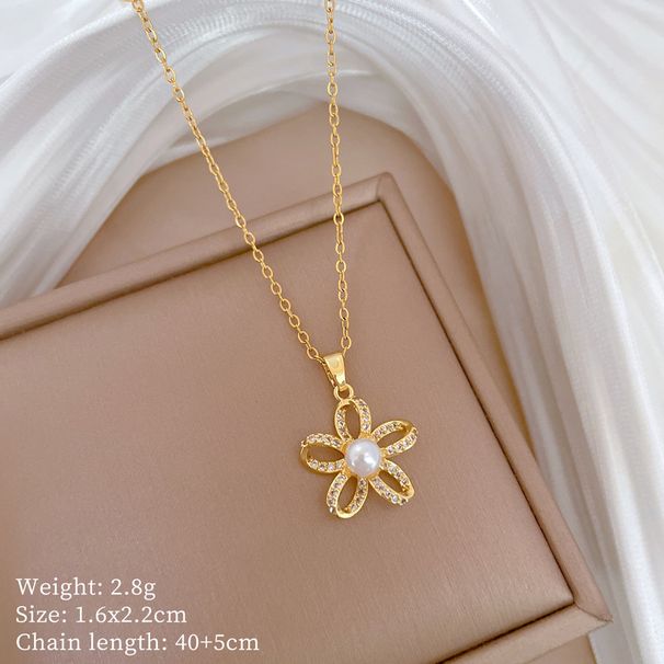 【 Titanium Steel 】 Pearl Five Petal Flower Light Luxury Temperament Gorgeous Full Diamond Necklace Women's Versatile_ipsvogv.com