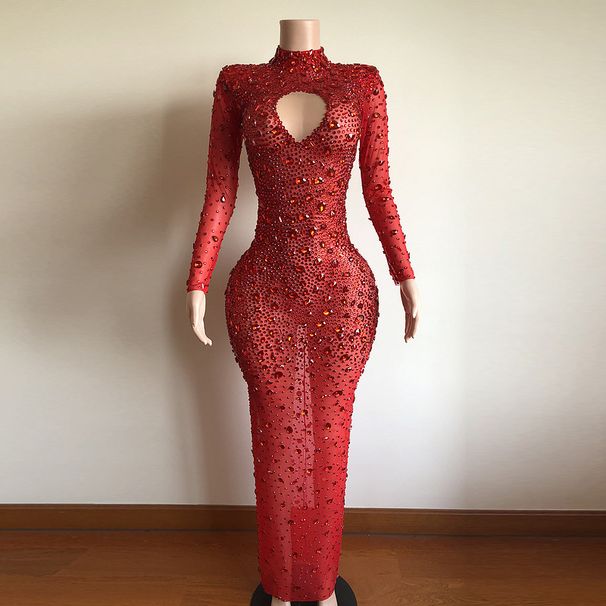 Women's Clothing pink shiny diamond high collar heart shaped top red carpet dress crystal long skirt_ipsvogv.com