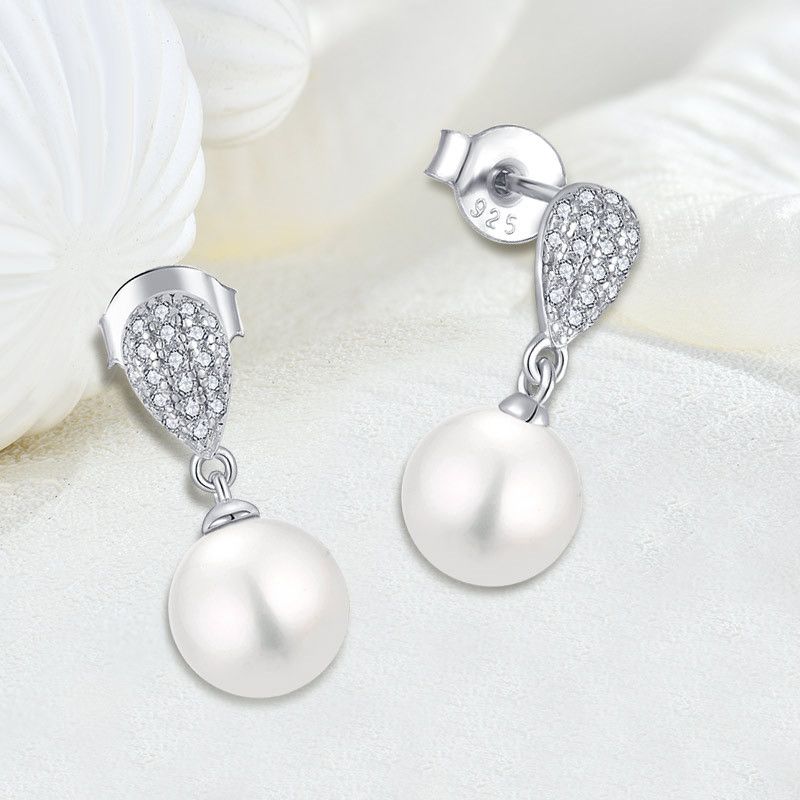 Zircon pearl earrings sterling silver 10mm pearl earrings earrings female jewelry_ipsvogv.com