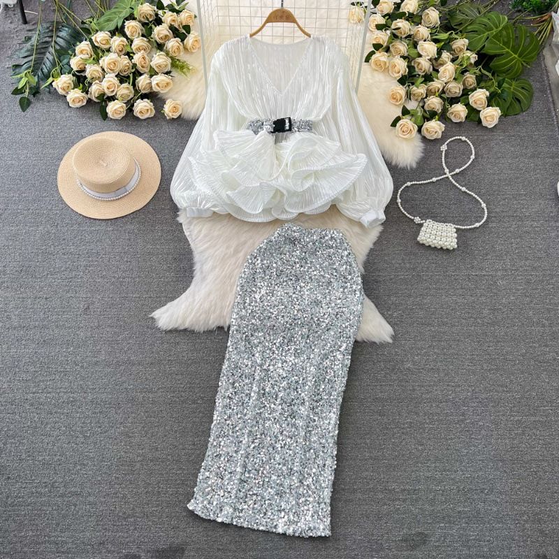 Women's fashion set female socialite temperament lantern long sleeve V-neck lotus leaf bright face shirt women's high waist sequin skirt_ipsvogv.com