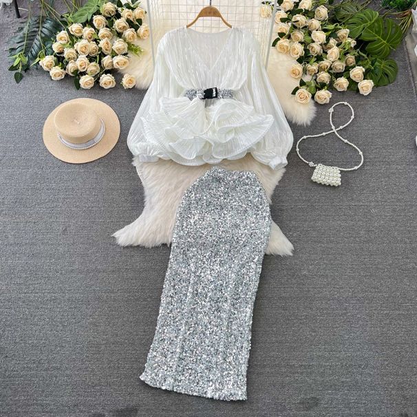 Women's fashion set female socialite temperament lantern long sleeve V-neck lotus leaf bright face shirt women's high waist sequin skirt_ipsvogv.com