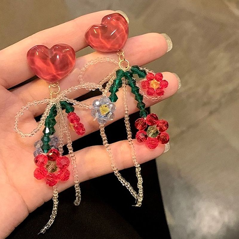 Unisex Red Flower Beaded Earrings New Hot Style Crystal Love Internet Celebrity Unique Bow New Year Earrings For Women_ipsvogv.com