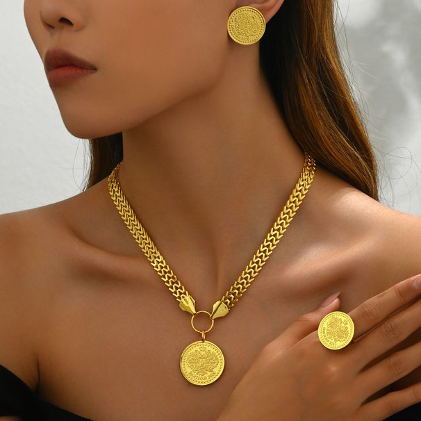 Fashion OL Round Brand Life Tree Pendant Necklace Earring Set Personalized Electroplating Ring Versatile Jewelry_ipsvogv.com