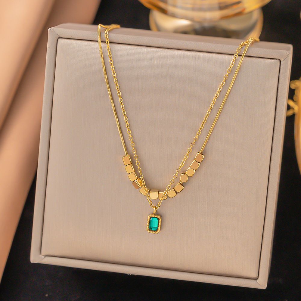 High End, Niche, Light Luxury Stainless Steel Double-layer Broken Gold, Green Zircon Pendant Necklace, Women's_ipsvogv.com