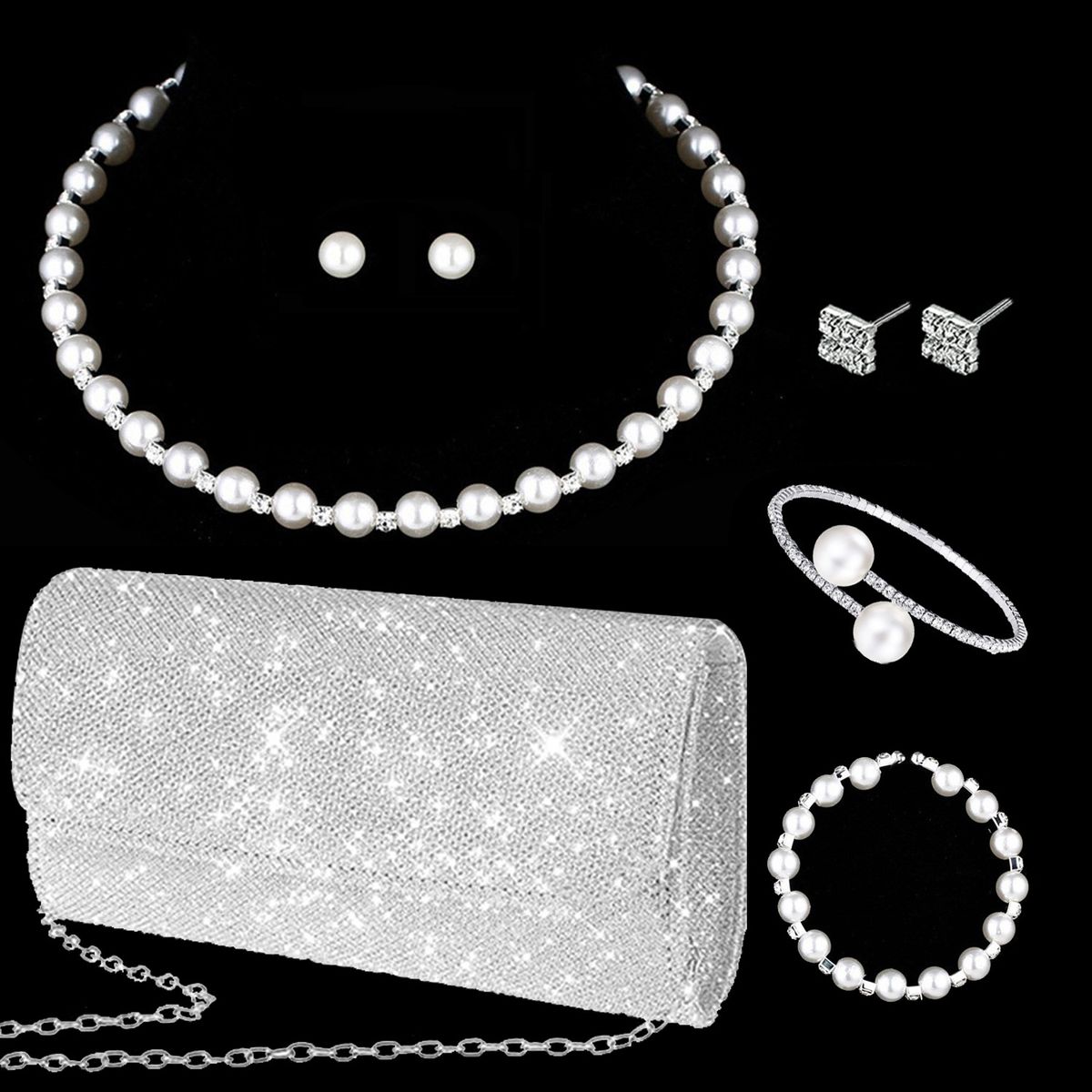 Pearl necklace earrings bracelet five piece set personalized pearl elastic clavicle necklace jewelry set for women_ipsvogv.com