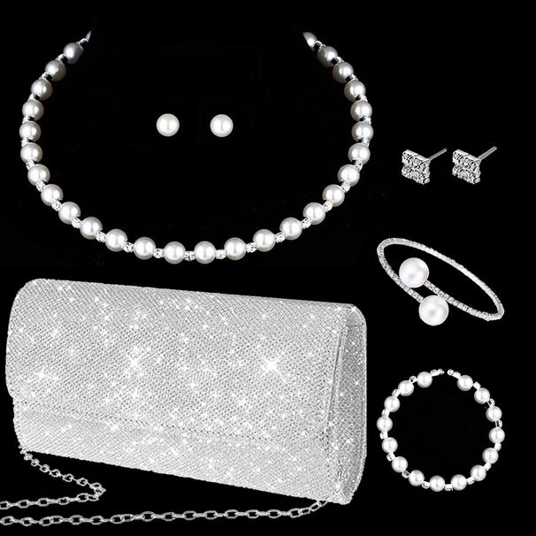 Pearl necklace earrings bracelet five piece set personalized pearl elastic clavicle necklace jewelry set for women_ipsvogv.com