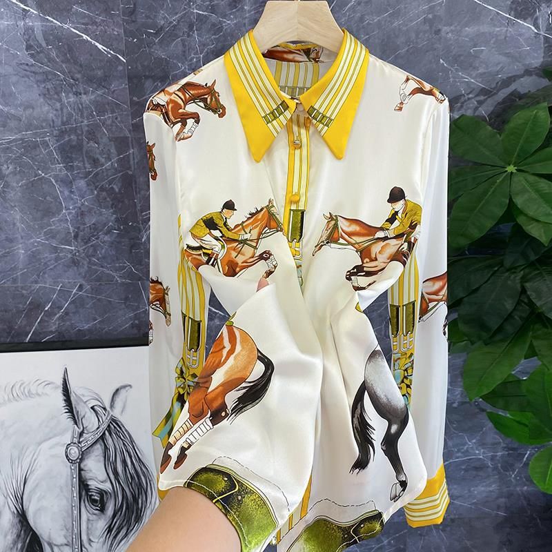 Women's Clothing heavy silk stretch satin equestrian positioning flower print shirt women's tops_ipsvogv.com