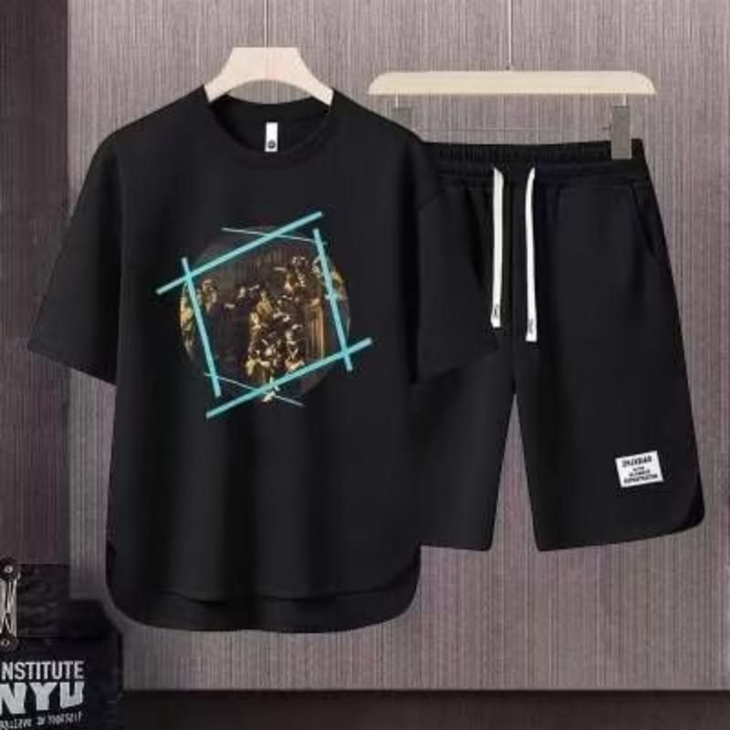 Men's Clothing 2024 Waffle Casual Summer Suit Loose Teen Short sleeved T shirt Shorts Handsome Two piece Suit_ipsvogv.com