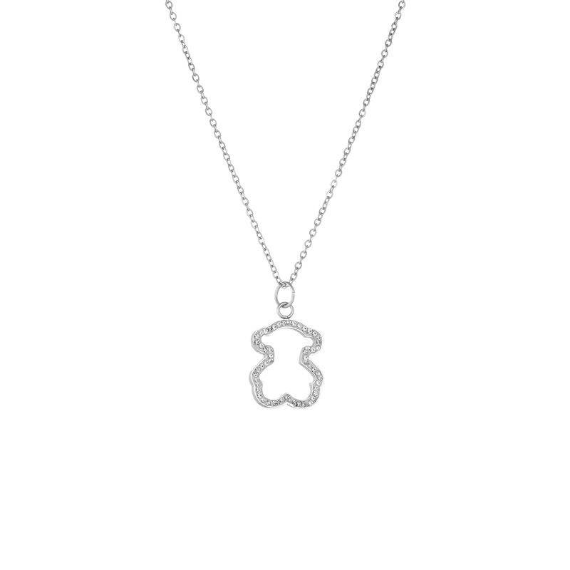Hollow Stainless Steel Bear Earrings Simple Diamond Studded Bear Women's Stainless Steel Necklace_ipsvogv.com