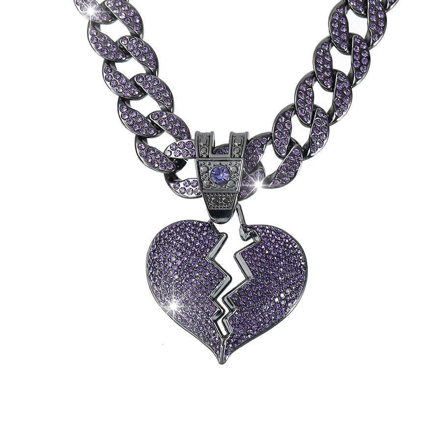 Men’s Jewelry Set Fashion New Jewelry Accessories Purple Love Full Diamond Pendant Cuban Chain Hip Hop Broken Heart Pendant Chain_ipsvogv.com