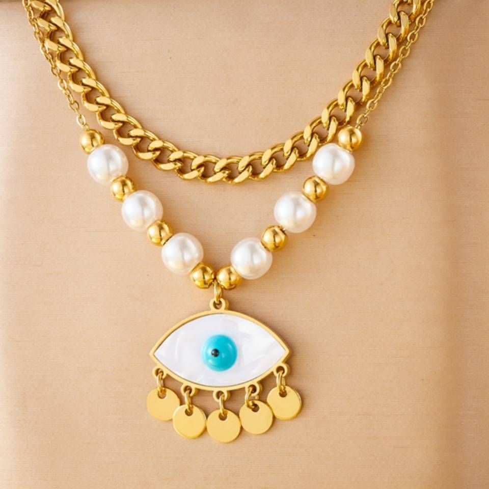 Stylish retro inlaid pearl love cross eyes turquoise pendant double stainless steel necklace_ipsvogv.com