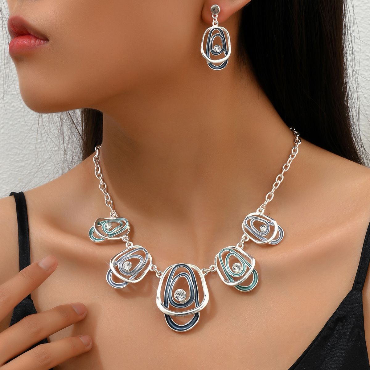 American hip-hop earrings long necklace set with personalized drip oil design, diamond studded earrings, light luxury_ipsvogv.com
