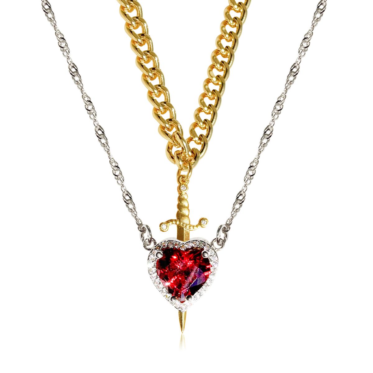 New Hot Selling Red Crystal Heart-shaped Dagger Pendant Layered Necklace With French Design For Women's Collarbone Chain_ipsvogv.com