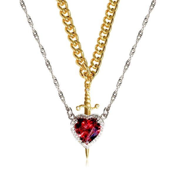 New Hot Selling Red Crystal Heart-shaped Dagger Pendant Layered Necklace With French Design For Women's Collarbone Chain_ipsvogv.com