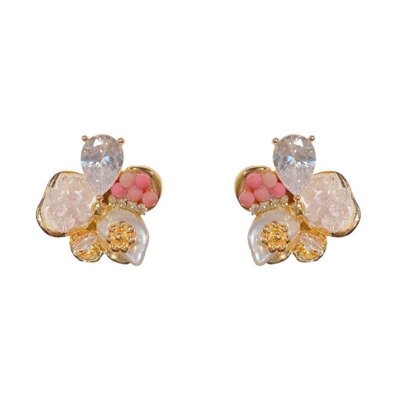 Spring New Fashion Sweet Versatile Diamond-Studded Pearl Five-Petal Flower For Women S Silver Needle Light Luxury_ipsvogv.com