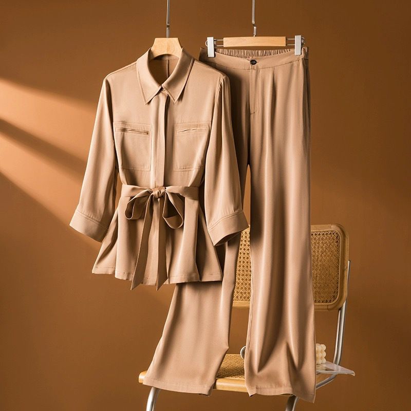 Women's Clothing silk suit women's new style casual fashion mulberry silk top pants two piece suit khaki_ipsvogv.com