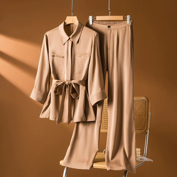 Women's Clothing silk suit women's new style casual fashion mulberry silk top pants two piece suit khaki_ipsvogv.com