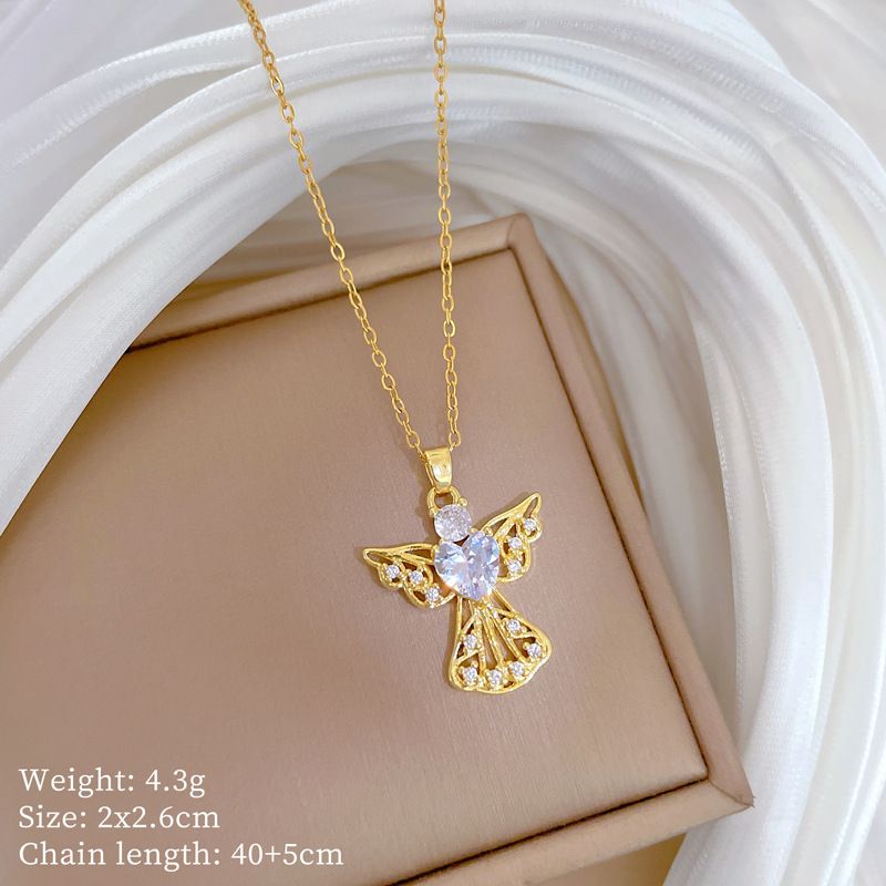 【 】 Love Angel Light Luxury Charm Gorgeous Full Diamond Necklace Women's Versatile Clavicle Titanium Steel Chain_ipsvogv.com