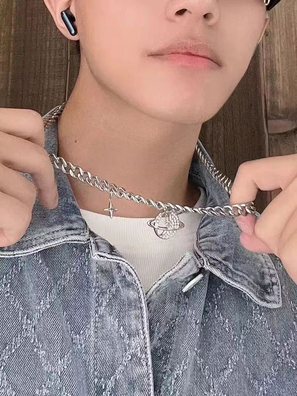 Titanium Steel Non Fading Diamond Planet Necklace For Boys Trendy Star Pendant Cuban Chain Hip Hop Necklace_ipsvogv.com