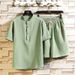 Men's Clothing two-piece suit stand-up collar retro short-sleeved suit casual solid color cotton and linen two-piece suit_ipsvogv.com