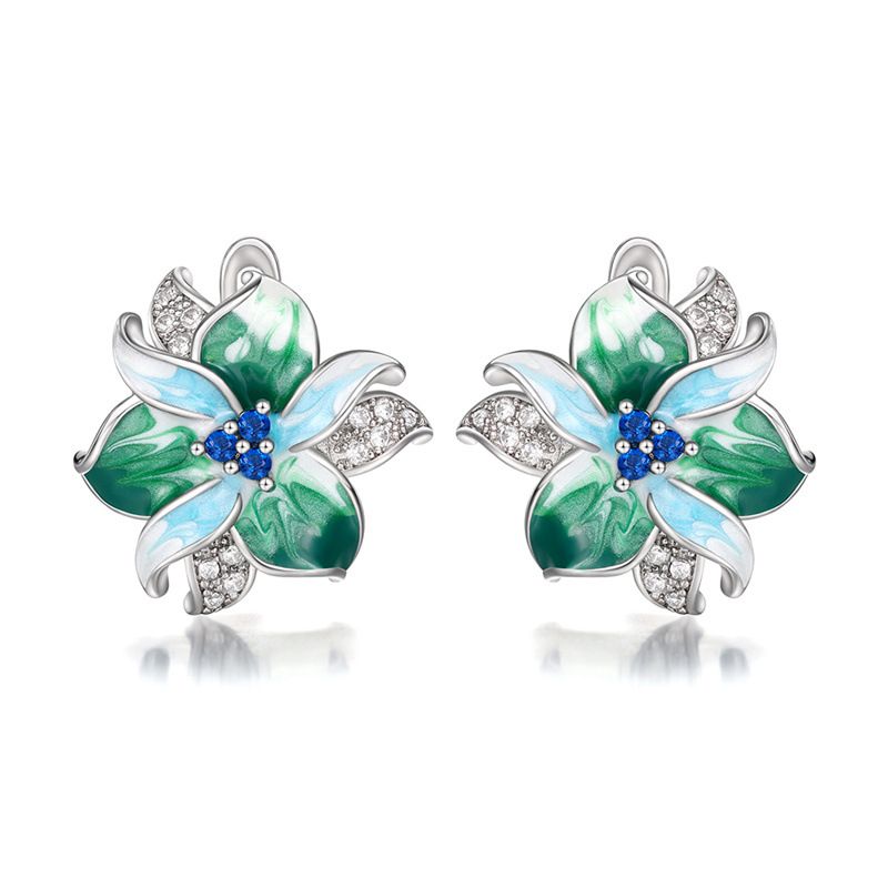 Cao Shi's New Green Enamel Flower Earrings With Dropped Zircon Ear Buckle_ipsvogv.com