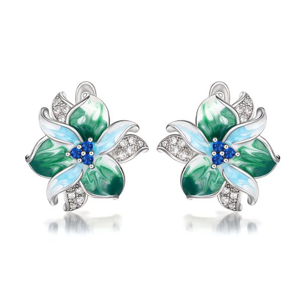 Cao Shi's New Green Enamel Flower Earrings With Dropped Zircon Ear Buckle_ipsvogv.com