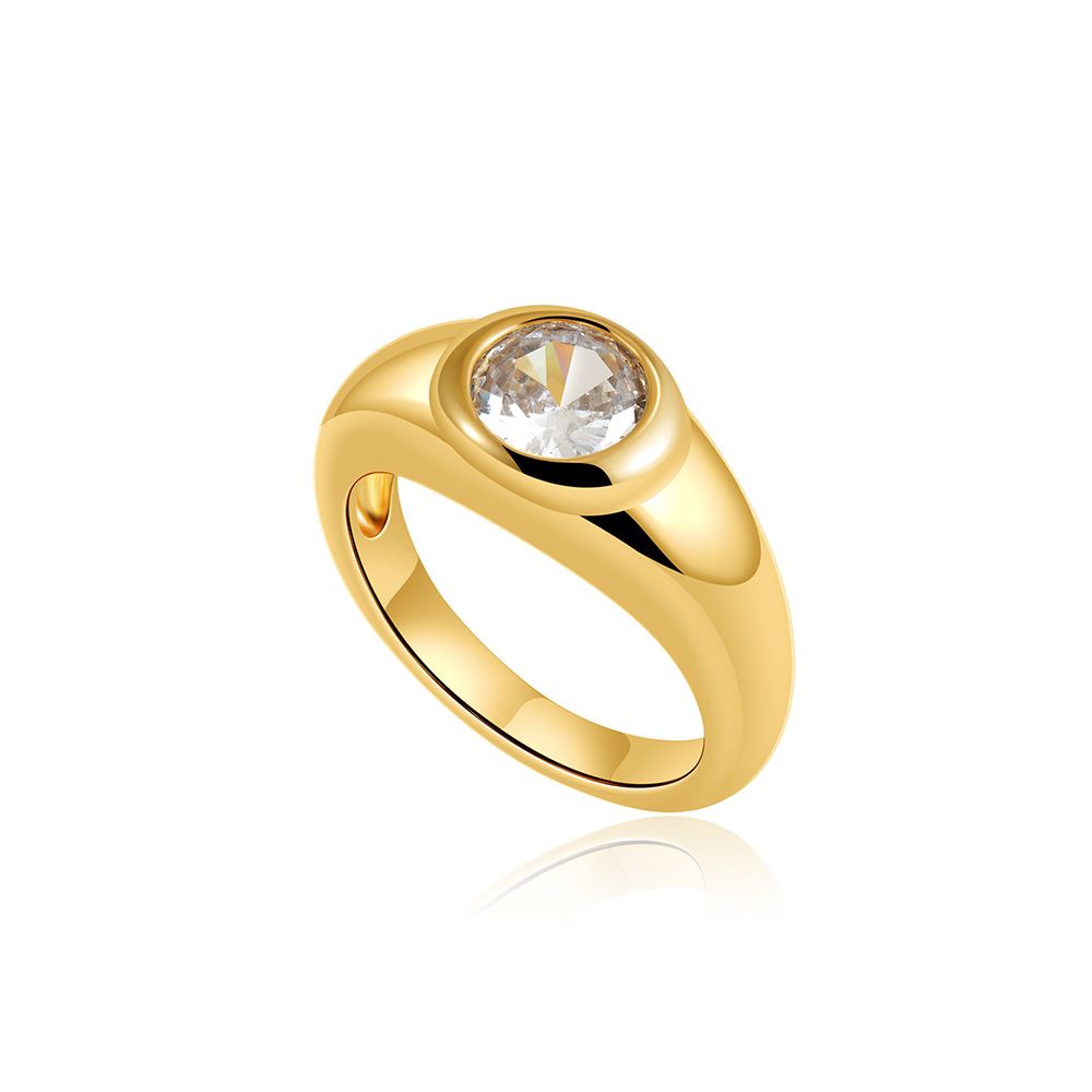 Unisex French Retro Simple Light Luxury Large Round Zircon Ring High Grade Real Gold Plated All Match Ring_ipsvogv.com