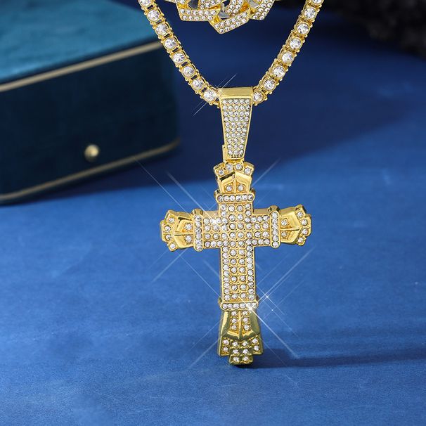 Cross Full Diamond Zinc Alloy Pendant Personalized Trendy Hip Hop Cuban Chain Necklace_ipsvogv.com