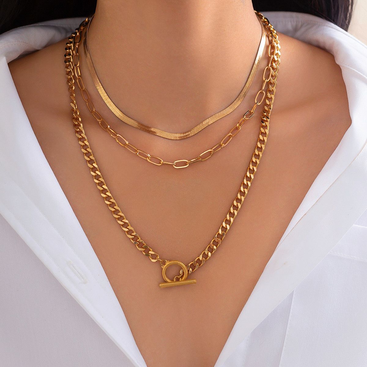 Hip Hop Ins Metal Snake Bone Chain Necklace Punk Style Round Bead Layered Necklace For Women_ipsvogv.com