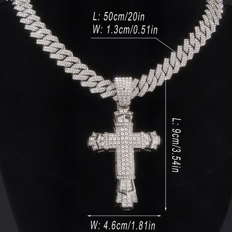 Diamond Inlaid Large Cross Necklace Personalized Versatile Alloy Water Diamond Unisex Cuban Chain Necklace_ipsvogv.com