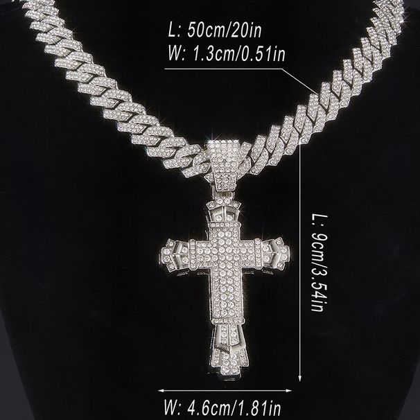 Diamond Inlaid Large Cross Necklace Personalized Versatile Alloy Water Diamond Unisex Cuban Chain Necklace_ipsvogv.com