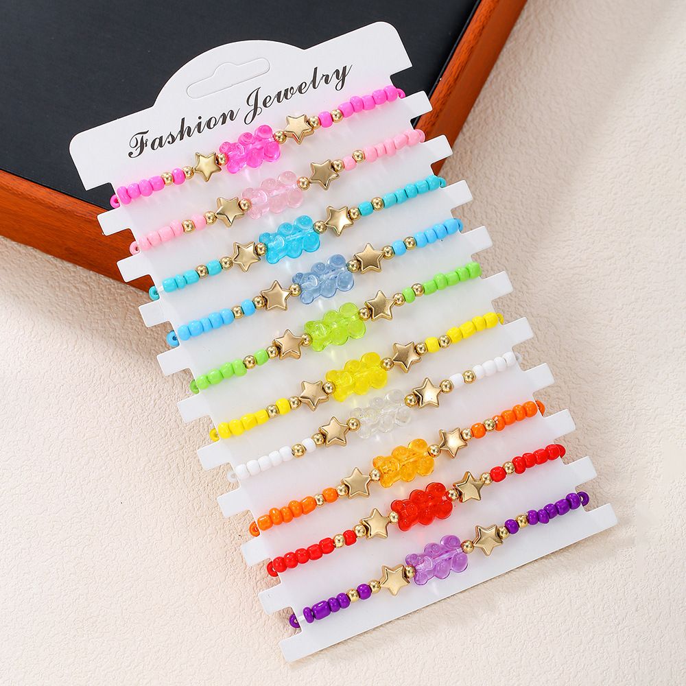 Beaded Rainbow Rice Bead Bracelet Set Cute Cartoon Acrylic Bear Elastic Children's Bracelet Female_ipsvogv.com