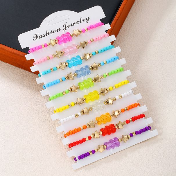 Beaded Rainbow Rice Bead Bracelet Set Cute Cartoon Acrylic Bear Elastic Children's Bracelet Female_ipsvogv.com