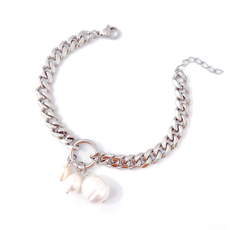 Women's Jewelry Set Fashion Spot Titanium Steel Jewelry Neutral Style Gold Plated Ring Hanging Special Shaped Pearl Metal Thick Bracelet_ipsvogv.com