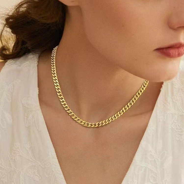 Stainless Steel Electroplated Gold With High-end Feel, Simple Style, Fashionable Cuban Chain Necklace_ipsvogv.com