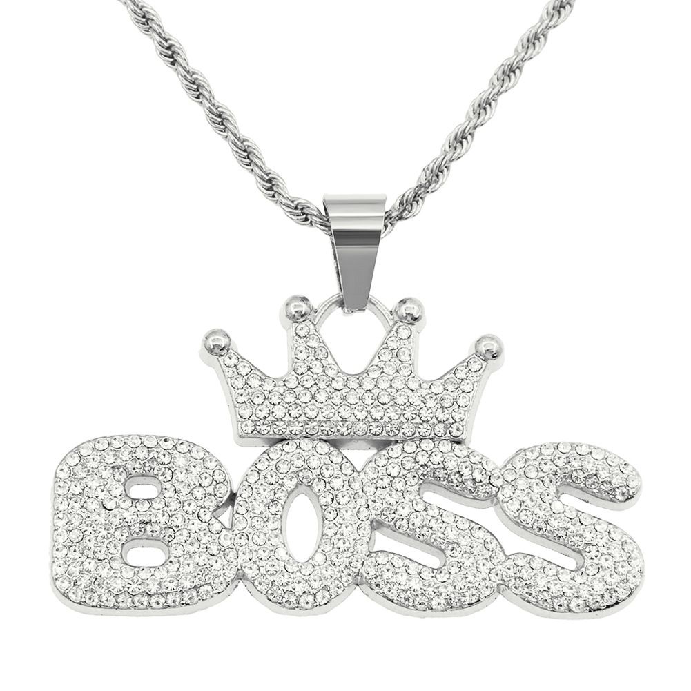 Cool hip-hop full diamond crown letter necklace trendy personality exaggerated long accessory pendant_ipsvogv.com