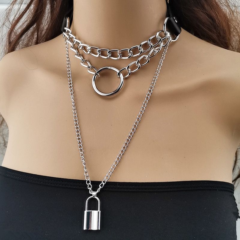 Jewelry Personality Exaggeration PU Metal Collar Decoration Punk Multi-layer Chain Geometric Lock Necklace_ipsvogv.com