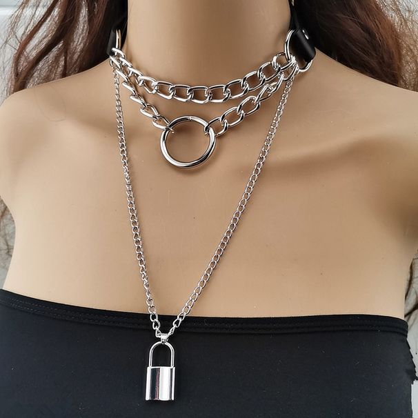 Jewelry Personality Exaggeration PU Metal Collar Decoration Punk Multi-layer Chain Geometric Lock Necklace_ipsvogv.com