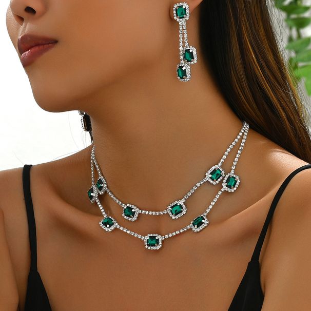 Light luxury style laid necklace set for women, simple double-layer design, emerald earrgs, versatile collarbone_ipsvogv.com