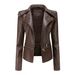 Women's leather jacket Long sleeve PU short jacket with hem removable jacket biker jacket_ipsvogv.com