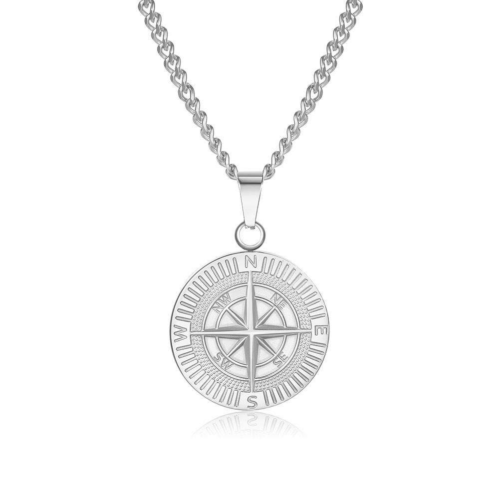 Stainless Steel Compass Pendant Necklace Punk Style Non Fading Coin Compass Men's Hip Hop Necklace_ipsvogv.com