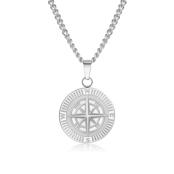 Stainless Steel Compass Pendant Necklace Punk Style Non Fading Coin Compass Men's Hip Hop Necklace_ipsvogv.com