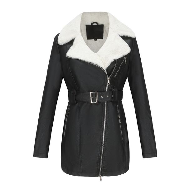 autumn and winter new long sleeved plus velvet leather jacket women's lapel double head zipper belt belt warm jacket_ipsvogv.com