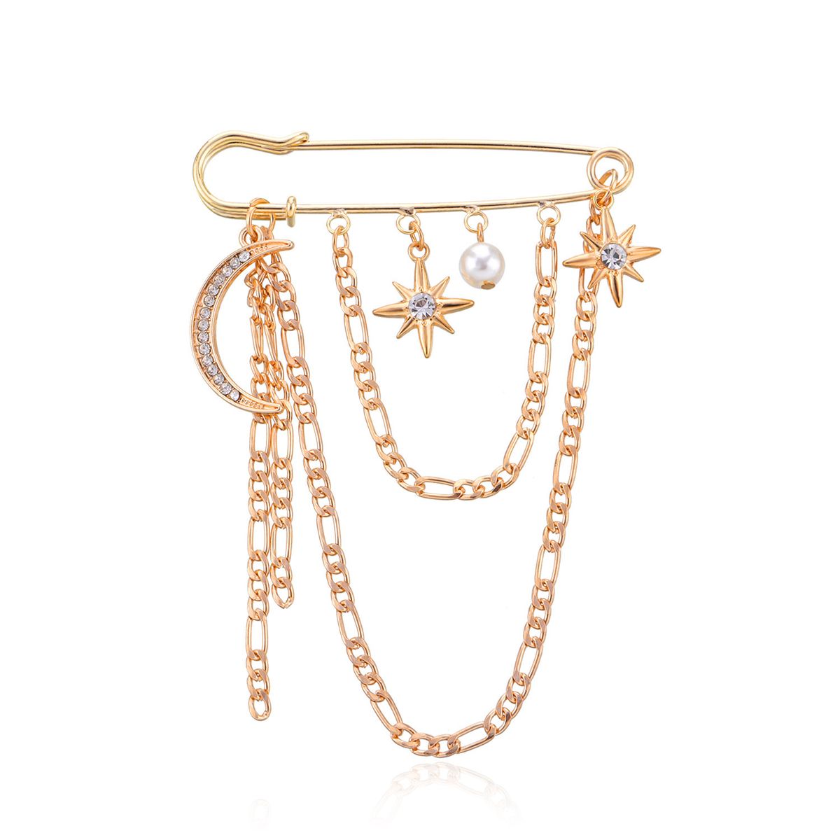 Light Luxury Full Diamond Crescent Moon Star Brooch Women, New Metal Chain Pearl Pin Accessories_ipsvogv.com