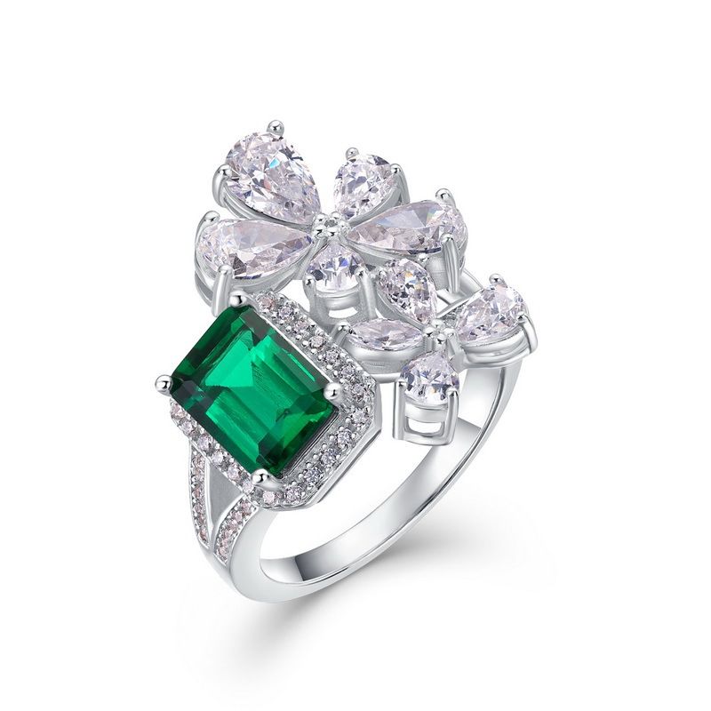 Petal Colored Gemstone Ring S925 Silver Inlaid Cultivated Emerald Retro Finger Ring Atmosphere Light Luxury_ipsvogv.com