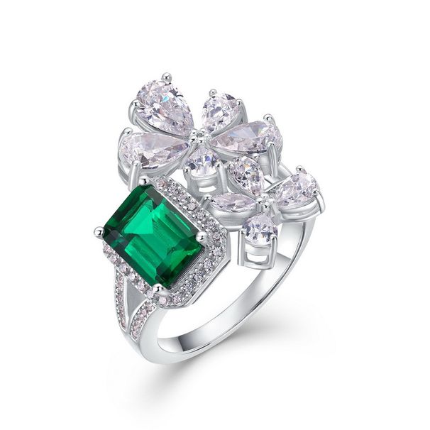 Petal Colored Gemstone Ring S925 Silver Inlaid Cultivated Emerald Retro Finger Ring Atmosphere Light Luxury_ipsvogv.com