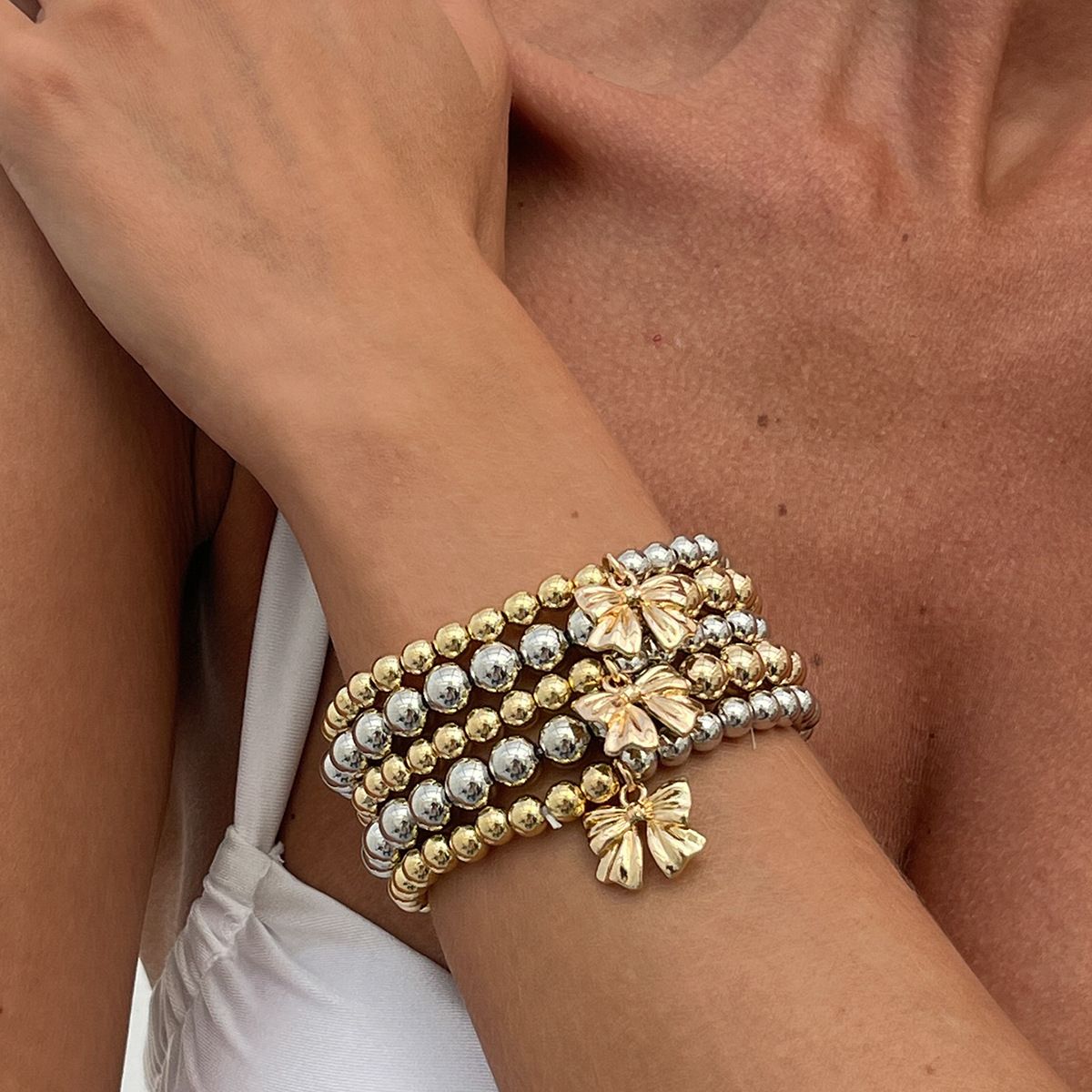 Fashion CCB Round Bead Minimally Ins Bow Pendant Stacked Bracelet_ipsvogv.com