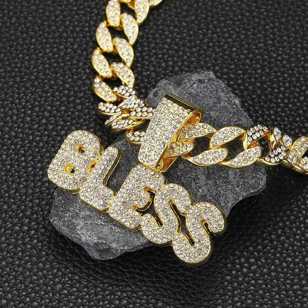 Alloy blessing English necklace personality street simple rhinestone necklace big letter BLESS pendant_ipsvogv.com