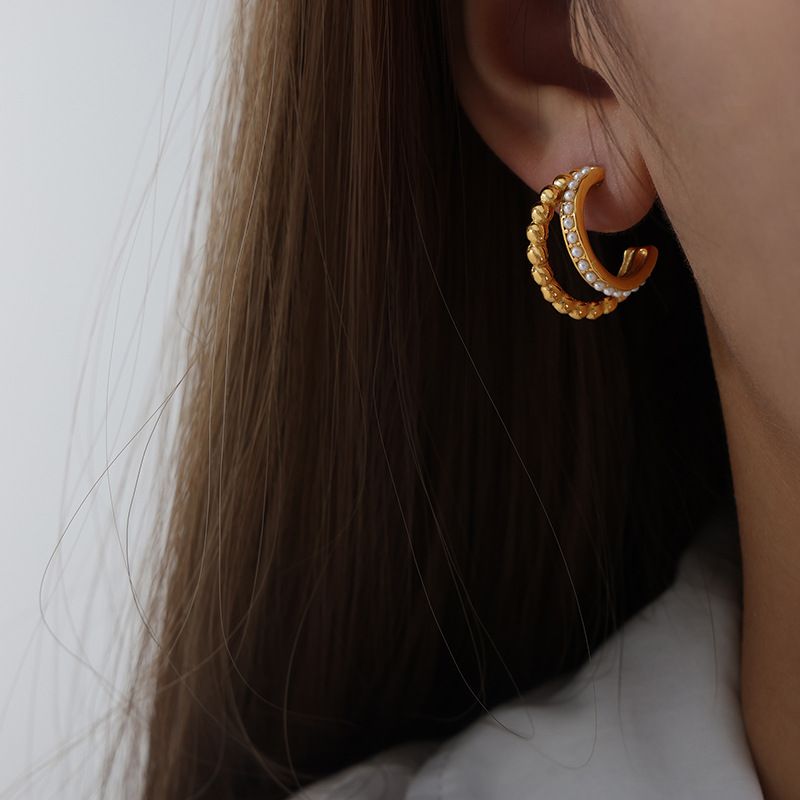 Double Hoop Earrings Titanium Steel Cubic Zirconia & Wave Design Hypoallergenic Lightweight Jewelry For Women_ipsvogv.com
